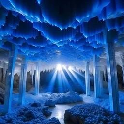 A magnificent (((vast crystal cave))) with walls and floors composed of intricate ((interwoven crystals)), where the chamber opens up to reveal a breathtakingly beautiful vista of the (blue sky) against the (vaulted ceiling)