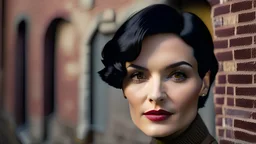 elegant fashionable 28 years old woman with short Black hair, wrinkles and pores are clearly visible on her face, waist-length portrait, against the background of an old brick wall, during the day, fashion photography, HDR, high detail, hyperrealism, atmospheric, 4k, Polaroid film