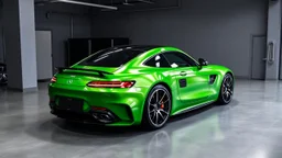 Mercedes-Benz AMG GT63s, green, with four side doors parked in a luxury garage, with the car facing right