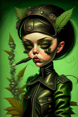 A girl in leather with weed is better; lowbrow art; pop surrealism