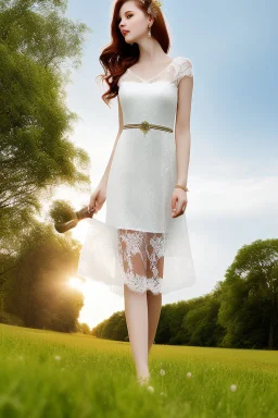 full shot body of Woman portrait with fairly pale skin , green eyes, long auburn hair, and wearing a pretty lace dress . Her outfit is a sexy dress , nice sport shoes. country side ,small lake with a hose in side,