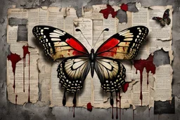 a black velvet butterfly is pinned to an old, dirty wall with a large shiny nail, red blood flows from the butterfly's wings and body, next to it on the wall are old, yellowed, cut-out newspaper articles about missing children, dirty fingerprints and drops of blood on the cracked, old gray-white wall , intricate details, sharp focus, cinematic, surreal, hauntingly beautiful, perfect composition