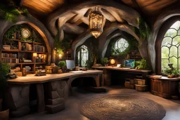 A large Hobbit style office with a druidish theme and a big stone desk