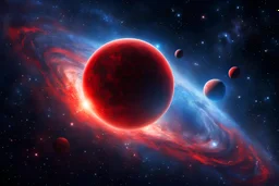 ultra realistic, outer space, red and blue, stars, stardust, red and blue stars, planet