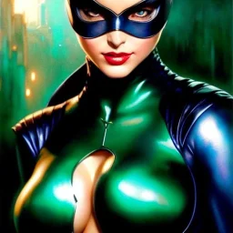 portrait 'beautiful Sexy Busty CatWoman',crystal clear green eyes,painting by gaston bussiere, greg rutkowski, yoji shinkawa, yoshitaka amano, tsutomu nihei, donato giancola, tim hildebrandt, oil on canvas, cinematic composition, extreme detail,fit full head inside picture,32k