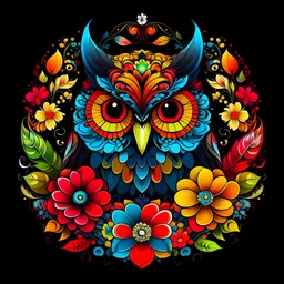 a colorful owl face around big flowers mandala black background