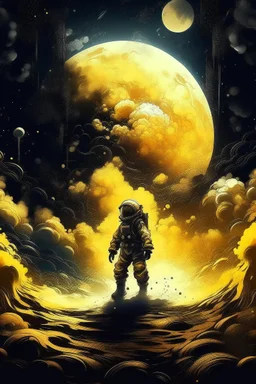 A detailed illustration muted chinese ink painting, magic cosmic colors, rice paper texture, digital paint, halo astronaut, one black and gold future portal in the sky. Venus. Space. Clouds wet to wet techniques. vibrant vector professional art. using Cinema 4D