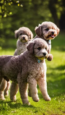 extreme close up photography of two cute puppy lagotto romagnolo happy dogs in a wood , running looking for truffles , in Tuscany Italy , photorealistic, backlight, 35mm lens