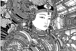 Visualize a black & white coloring book with thick contours & lines, all fitting within an 11x8.5 inch space. A geisha-inspired cyborg featuring intricate robotic accessories. Each image is intricately detailed, with bold & thick lines to make coloring a delightful experience, creating a dynamic fusion of Japanese-themed art coloring book.