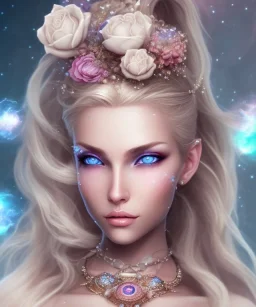 Femme cosmique, très belle ,fine, jolie, yeux bleu, visage de côté, éclairage d'accentuation, cheveux blond ondulé avec des fleurs, collier en cristaux, très détaillé, pépites dans les cheveux, dof, reflet de lumen.