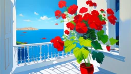 Pintura de geranios rojos → Luminismo mediterráneo → Balcón encalado frente al mar → Estética costera y brillante → Lenguaje visual de pinceladas de luz pura → Materialidad de acrílico sobre lienzo → Composición de primer plano con fondo desenfocado de mar → Iluminación de sol de mediodía rebotando en paredes blancas → Paleta de altos contrastes lumínicos → Atmósfera veraniega y radiante → paleta cromática de rojo geranio, blanco cal y azul turquesa → grado de abstracción impresionista luminoso