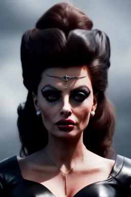 young sophia loren as evil queen in black leather, angry, stern look, volumetric lighting, particales,highly detailed,cinematic, deep colours,8