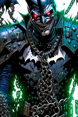 a close up of a person holding chains, the batman who laughs, jason fabok. greg staples, arkham city, gabriele dell'otto, joker wearing vader's armor suit, by Ryan Stegman, joker wearing vader's armor, david tennant as spawn, as illustrated in top cow comics, grotesque joker, venomized, jason fabok