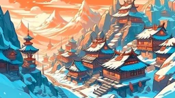 fantasy cartoon style illustration: Chinese mountain village winter