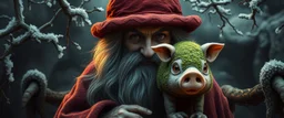 close up portrait of wizard behind that cute evil moss pig on the bridge, Beneath the frozen boughs he strode, Where glassy frost did bite the road. The bridge did arch o’er shadowed flood, And whispering waters ran like blood. Each step a ghost, each breath a flame, The cavern shivered at his name. *(Verse II)* From corner dark, a rustle, a squeak, A nimble shadow, clever and meek. Its eyes did glimmer with childish guile, Yet laughter edged with malice vile.