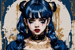 Poster in two gradually, a one side malevolent goth vampire girl face and other side the Singer Melanie Martinez face, full body, painting by Yoji Shinkawa, darkblue and gold tones,