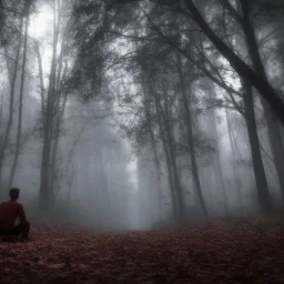 foto tirada por tras de um homem solitário sentado no chão, floreste molhada, noite, lua cheia