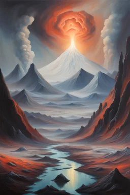 oil painting of an alien landscape with volcanos and glaciers