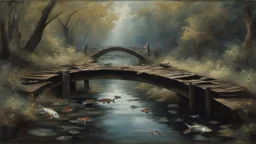 A dark stream with metal debris floating on its surface and rare fish swimming inside, a wooden bridge similar to those in Monet's works crosses it.