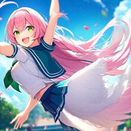 Clear focus,8k,Beatiful Lighting,Detailed, pink long fluffy hair, long fluffy bangs, green eyes, wearing a sailor uniform, jumping, happy