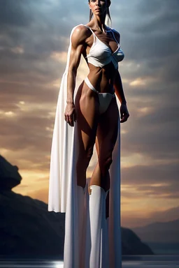 A hyper-realistic concept art of a full body fantasy tall woman ultra muscular a hard square face and brown hair wearing the white robe of greek senators white robe, full body, fantasy woman, tall, ultra muscular, hard square face, brown hair, greek senator white robe, by Chris Rallis, in the style of fantasy realistic art, cinematic and dramatic lighting, fantasy character drawings, realistic drawings, digital art, Highly Intricate Details, high quality