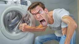 weak and skinny young man angry unable to move damaged washer and dryer