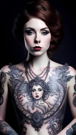 (front view, medium shot)Create a captivating visual narrative featuring Woman A, (front view, medium shot) Now, envision a tattoo on Woman A's chest, this tattoo is of a human female,who is also wearing a red dress. The transition from the woman A's crown to the human female tattoo is seamless as Both women convey a connection as they both wear large crowns