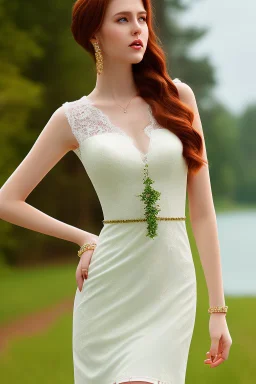 full shot body of Woman portrait with fairly pale skin , green eyes, long auburn hair, and wearing a pretty lace dress . Her outfit is a sexy dress , nice sport shoes. country side ,small lake with a house in side a lux car,