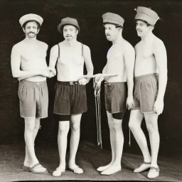 a group of four male friends with very small shorts on and large hats and holding trombones