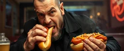 mean looking mafia thug eating a two hot dogs