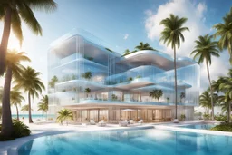 Magnificent 3D representation of a luxurious, modern, completely transparent scale-shaped hotel on a pristine beach. It features elegant and contemporary design elements, such as swimming pools, balconies and floor-to-ceiling windows. The elegant and sophisticated entrance is adorned with palm trees and a futuristic terrace. Bright colors. Constructed with transparent glass