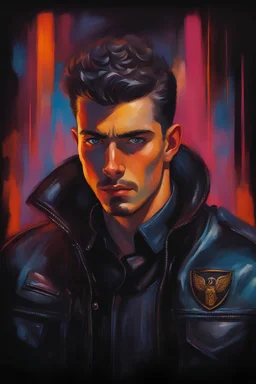 18-year-old Elbig Breastley with crew-cut dark brown hair tapered on the sides, bangs over the forehead, goatee, bushy eyebrows, blue eyes, wearing a leather jacket - resembles Elvis Presley, pitch black background with an overhead spotlight effect, extremely colorful, oil painting by Frank Frazetta