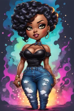 vibrant psychedelic comic book image, airbrush, 48k, cartoon art of a chibi curvy black female wearing torn jeans pants and a black tie dye off the shoulder blouse. Prominent make up with lush lashes. Highly detailed sleek wavy ponytail