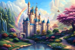 A fantasy landscape of a castle, applying art reminiscent of Walt Disney. The landscape tells different aspects of an enchanting children's story of princess heroique : a calm and magical wonderland, a fairy forest, butterflies, waterfalls with a clear blue sky in a magical fairy mountai