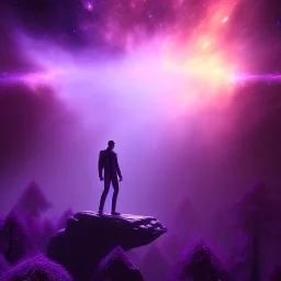 man in chapel floating up into the galaxy, purple lights, purple fog, detailed, realistic, 4k, hi def