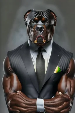 Bodybuilder Lee Haney with the face of a Rottweiler dog A dog's head instead of a person's head Only the player's body with a bulldog head on it He wears a luxurious black suit and holds a luxurious cigar The suit covers the body. In the mouth of the dog there is a luxurious Rottweiler dog head