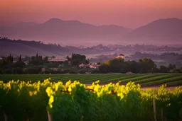 viñedos al atardecer con un pueblo al fondo, fotografía real, foto periodismo, fotografía realizada con una cámara Leica y un objetivo de 50mm