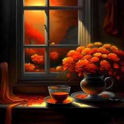 Behold the exquisite masterpiece that captures the essence of an enchanting autumn night . This captivating image showcases a delightful arrangement of vibrant orange flowers and cup of coffee and a piece of cheesecake gracefully adorning a moonlight-kissed window sill. Each brushstroke meticulously brings to life the delicate petals a evoking a sense of opulence and natural beauty. The harmonious blend of colors and textures creates a visual symphony that will effortlessly elevate any space
