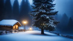 fir forrest scenery, heavy mist,valley,creek,forest,christmas lanterns,tree,,nature,night,snow,fir tree,high-quality photograph,photorealistic, shot on Hasselblad h6d-400c, zeiss prime lens, bokeh like f/0.8, tilt-shift lens 8k, high detail, smooth render, unreal engine 5, cinema 4d, HDR, dust effect, vivid colors,night