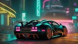 Bugatti Veyron Mansory Cyberpunk 2077 neon Style, Super Detailed, desktop wallpaper, 4K rear view, center
