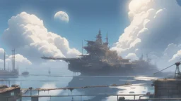 giant half transparent moon, glitchy, blurry, mechanical, sci-fi, maximum quality, centered on frame, far view, seasidel, white sky with cumulonimbus, anime, makoto shinkai style, japanese harbor, rusty, decrepit, foggy