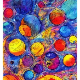 colorful planets. ink, poster, acrylic