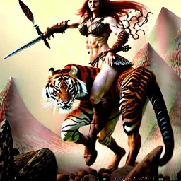 ultra detailed portrait of beautiful Red Sonja riding a Great tiger ,wearing plate armor, extremely detailed digital painting, in the style of Luis Royo and A.J. Manzanedo and Robert Howard and Earl Norem and fenghua zhong and ruan jia and jeremy lipking and peter mohrbacher, mystical colors, rim light, beautiful lighting, 8 k, stunning scene, raytracing, octane, trending on artstation