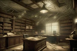 A very old photo of an office with old lighting on the ceiling and spider webs on the walls in a terrifying scene with books flying around it, size 1920 x 720.