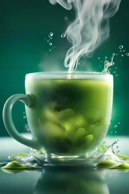 A cup of hot green tea with water vapor coming out of it, hyper-realistic، 8k, Delightful colors