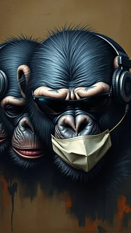 Bosch painting style nightmare, three chimpanzees first one with sunglasses, second with headphones, third with mouth mask.
