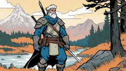 [illustration by Andrew MacLean in the comics Head Lopper style with Kupka's pixel colour palette] a seasoned ranger approaching 50th year. his hands are gnarled from years of gripping bow and sword, his weathered face etched with the wisdom and scars of countless skirmishes in the wilds. Despite his advanced age, your movements remain swift and purposeful, years of survival ensuring that his body remains battle-ready.