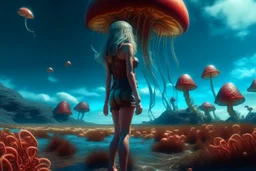 woman in a tight suit, on the shores of an alien world, with mushrooms, with jellyfish tentacles floating in the air, photorealistic, Detailed Matte Painting, Deep Colour, Fantastical, Intricate Detail, sunshine, blue sky