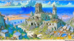 Destroyed City, medieval ruins, debris, stone, breched, brocken, Perspektiv from the sky, by Jean-Baptiste Monge, Ivan Bilibin, Albert Bierstadt, Reza Badrossama, watercolor, intricate details, fantasy, beautiful, oil on canvas, award winning, imperial colours, fantastic view, radient colours, very attractive, crisp quality