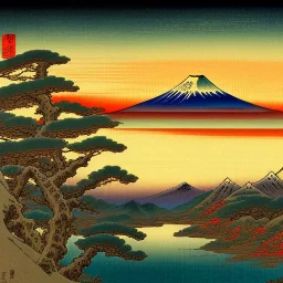 Ukiyo-e painting of a mount fuji at sunset